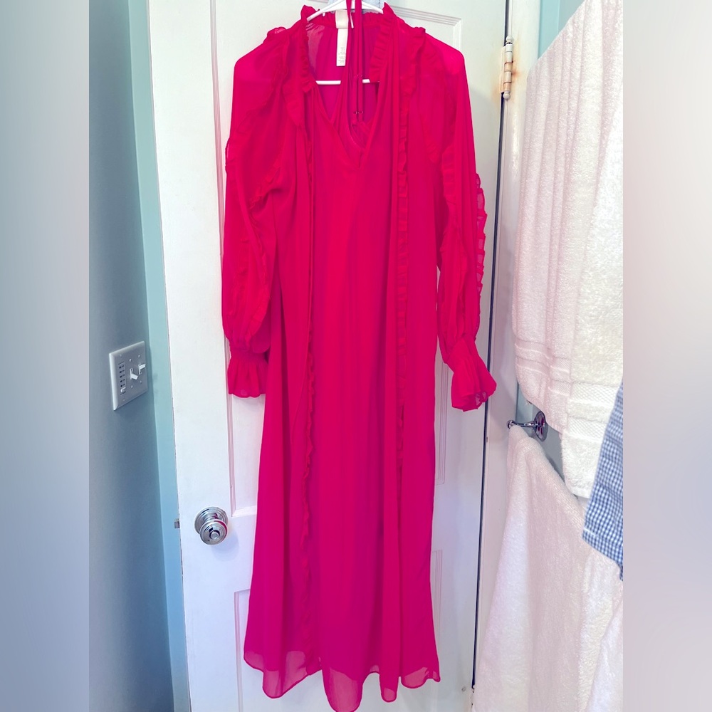 Hot pink, long sleeve ruffle  maxi dress
